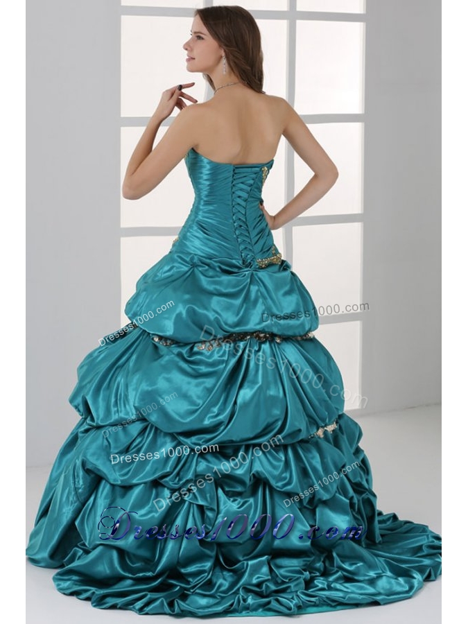 Taffeta Strapless Sweetheart Ruched Teal Quinceanera Dresses with Pick-up