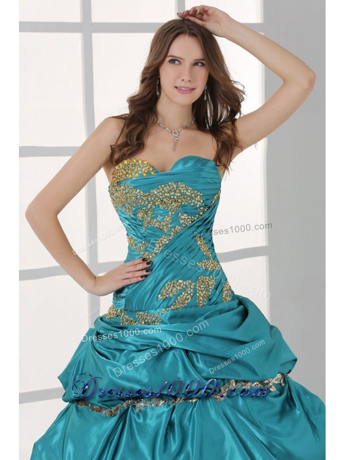 Taffeta Strapless Sweetheart Ruched Teal Quinceanera Dresses with Pick-up