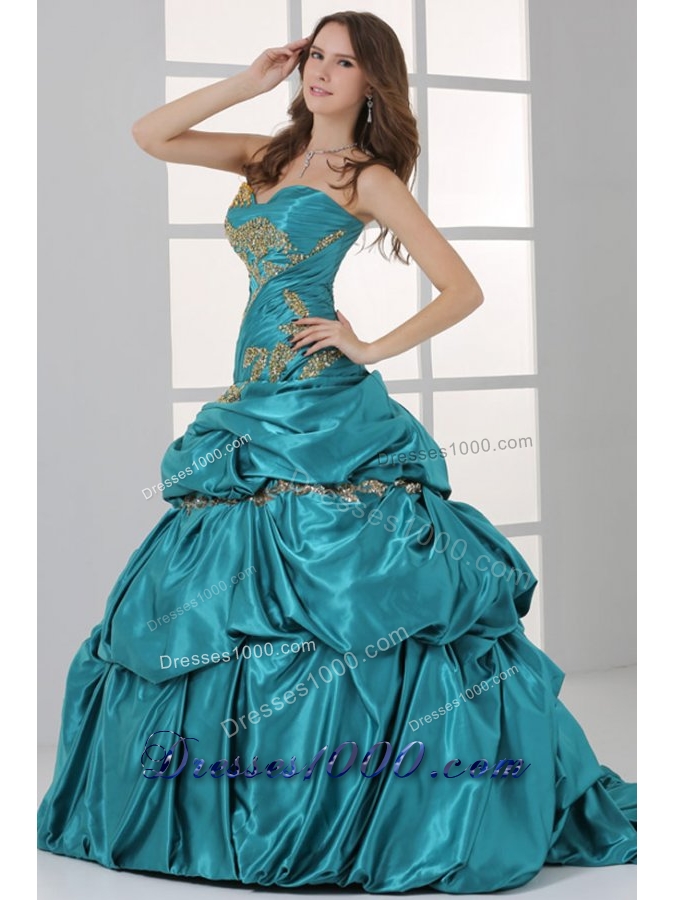 Taffeta Strapless Sweetheart Ruched Teal Quinceanera Dresses with Pick-up