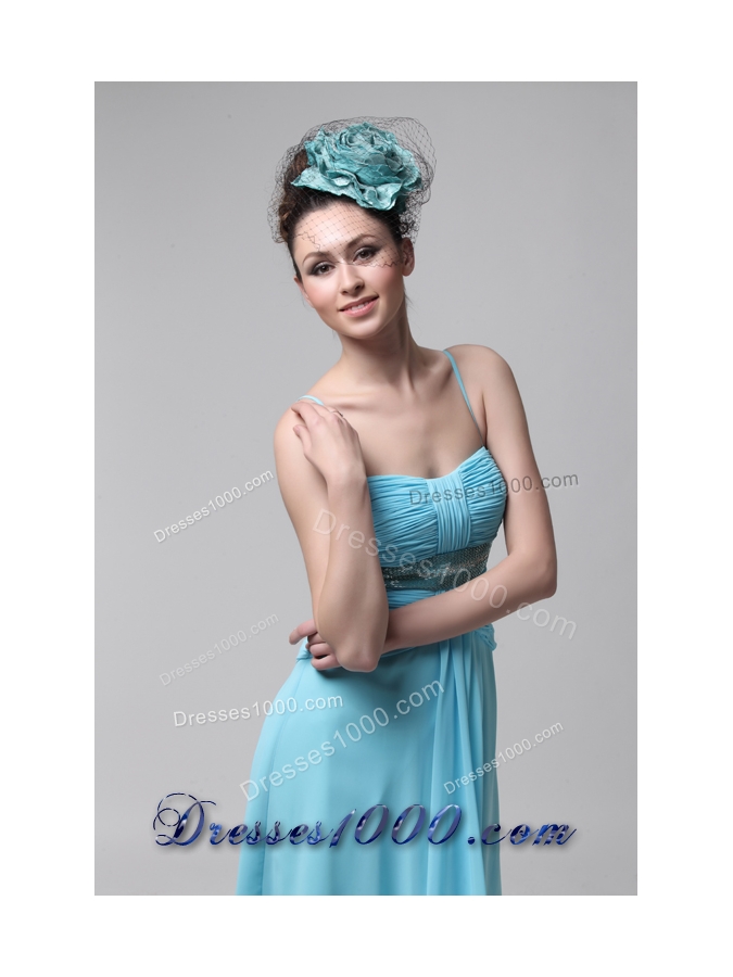 Straps Ruched Beading Blue Chiffon Lovely Prom Party Dress