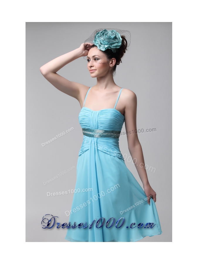 Straps Ruched Beading Blue Chiffon Lovely Prom Party Dress