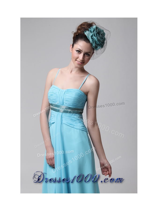 Straps Ruched Beading Blue Chiffon Lovely Prom Party Dress