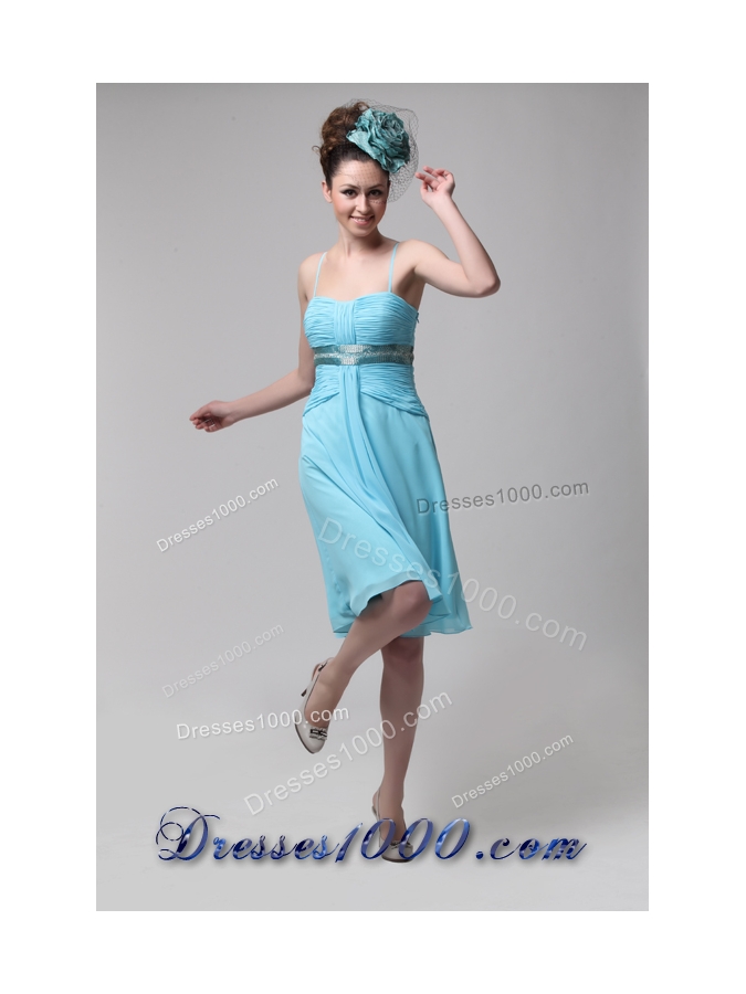 Straps Ruched Beading Blue Chiffon Lovely Prom Party Dress