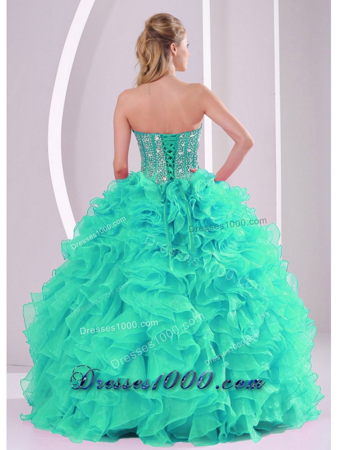 2014 Turquoise Puffy Sweetheart Oraganza Ruffles and Beading Quinceanera Gowns