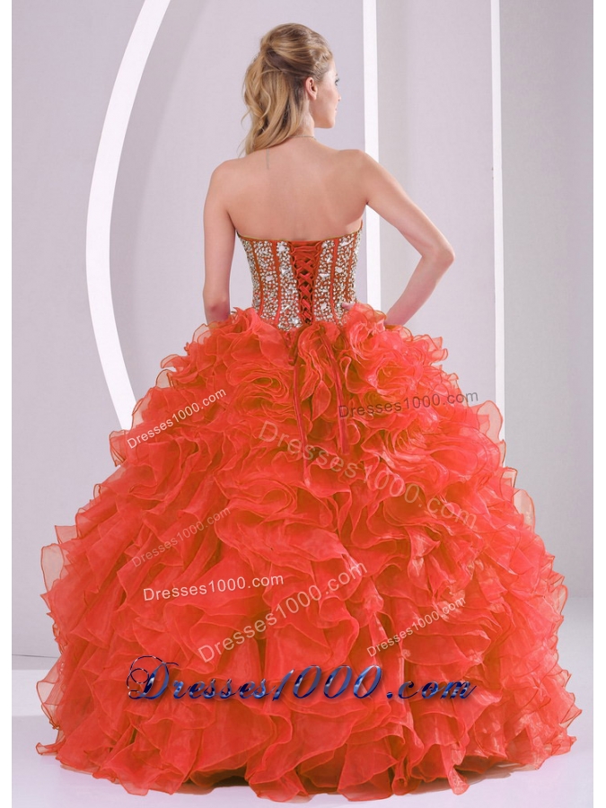 Coral Red Sweetheart Ruffles and Beaded Decorate Quinceanera Gowns for 2014 Winter