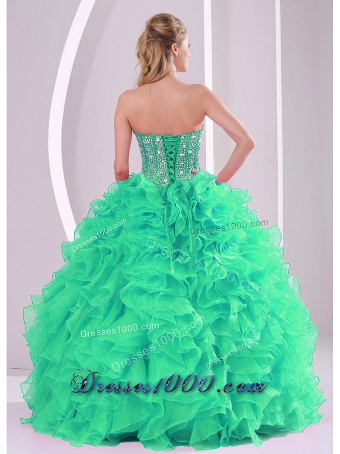 Turquoise Ball Gown Sweetheart Ruffles and Beading Long 2013 Quinceanera Gowns