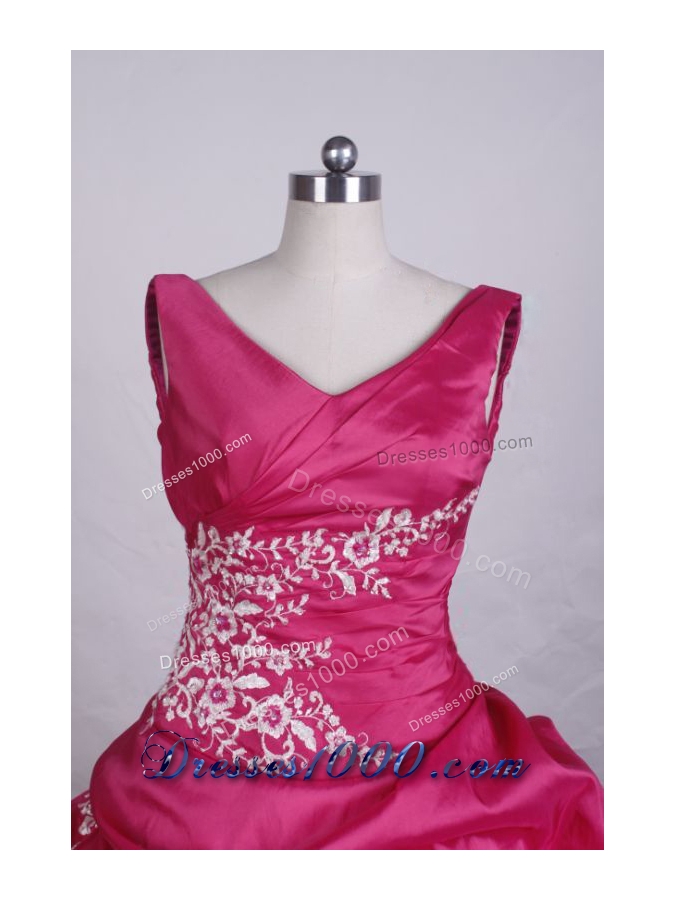 Fashionable Ball Gown V-Neck Floo_length Appliques Tffeta Hot Pink Quinceanera Dresses