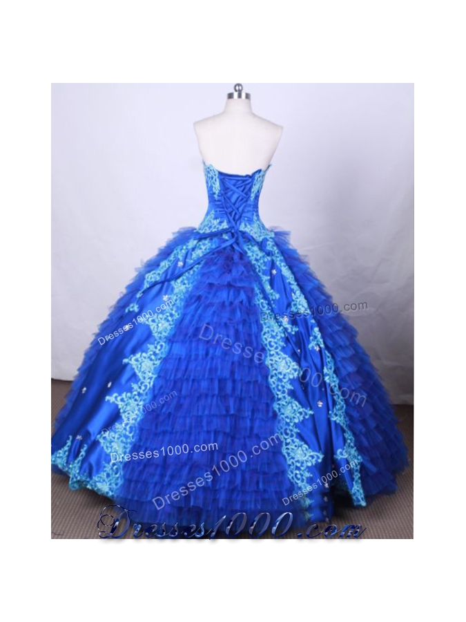 Modest Ball Gown Strapless FLoor-Length Blue Appliques And Beading Quinceanera Dresses