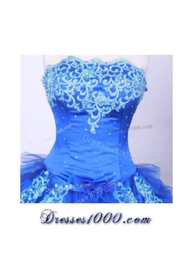 Modest Ball Gown Strapless FLoor-Length Blue Appliques And Beading Quinceanera Dresses