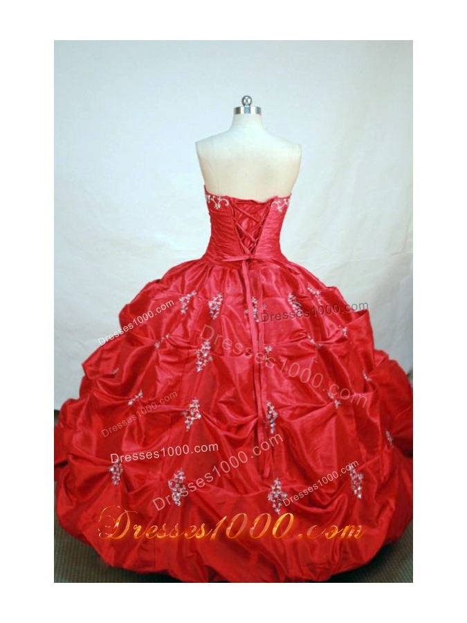 Elegant ball gown strapless floor-length red taffeta appliques quinceanera dress