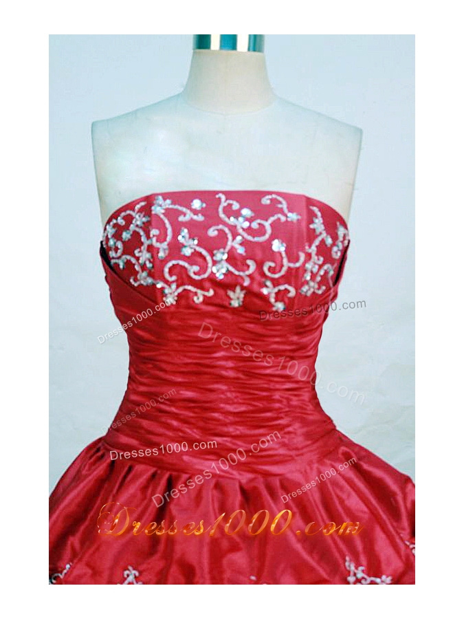 Elegant ball gown strapless floor-length red taffeta appliques quinceanera dress