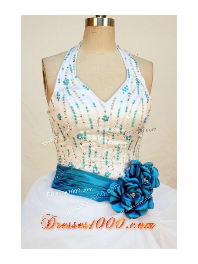 Pretty ball gown halter top floor-length beading sash with turquoise white quinceanera dress