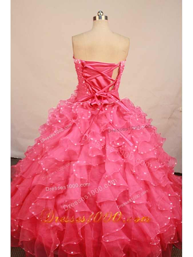 Pretty ball gown sweetheart-neck floor-length organza beading waterlmelon quinceanera dresses with rolling flowers