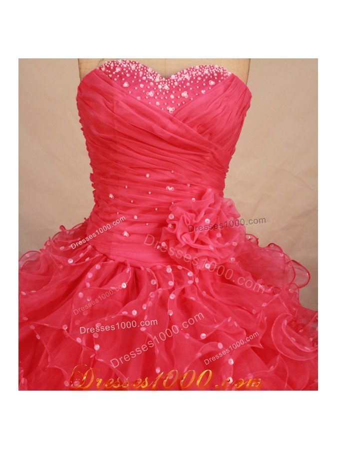 Pretty ball gown sweetheart-neck floor-length organza beading waterlmelon quinceanera dresses with rolling flowers