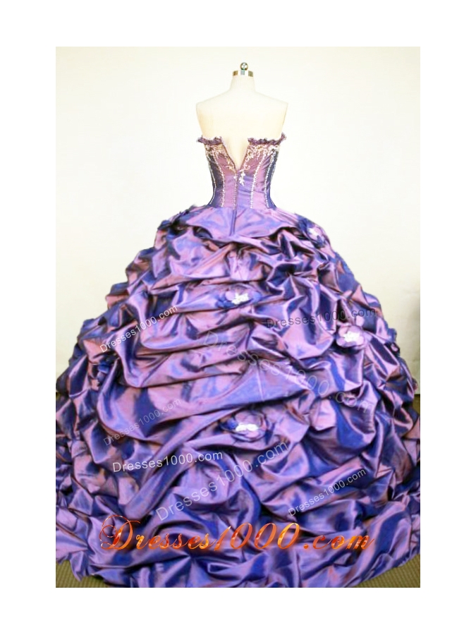 Classical Strapless Floor-Lengtrh Purple Appliques and Hand Flower Quinceanera Dress
