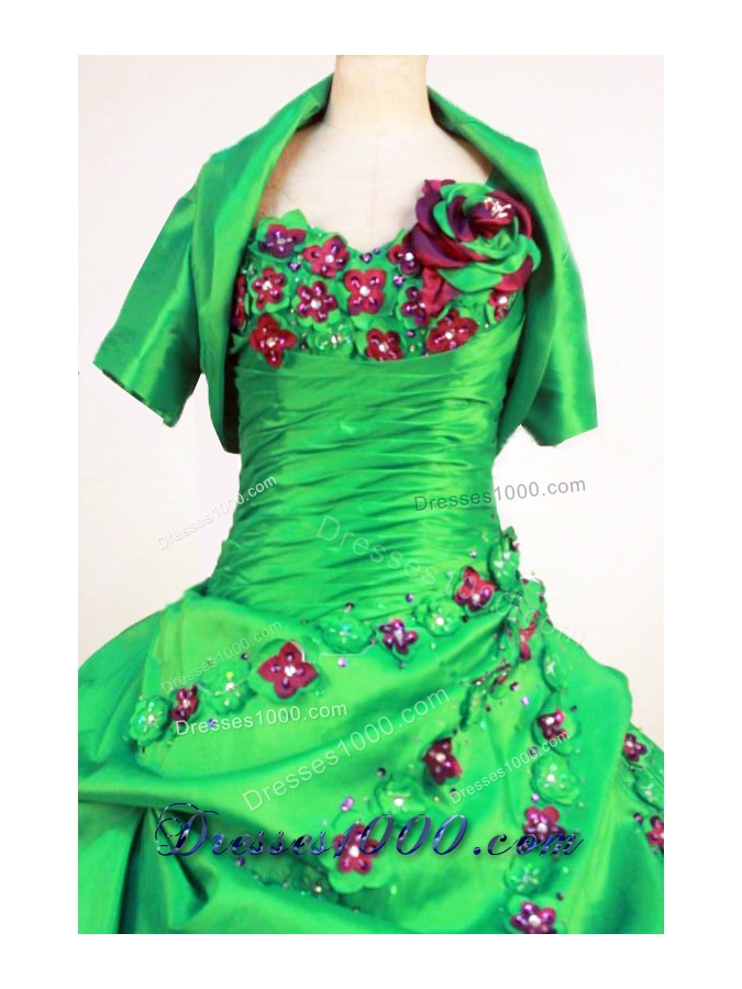 Perfect Ball Gown One Shoulder Neck Floor-Length Spring Green Beading and Appliques Quinceanera Dresses