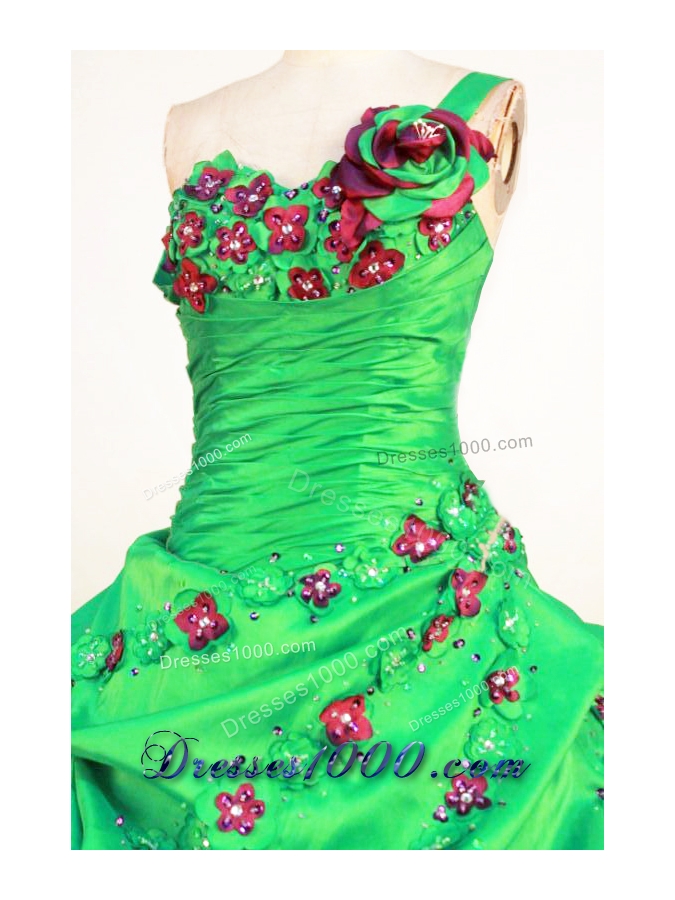 Perfect Ball Gown One Shoulder Neck Floor-Length Spring Green Beading and Appliques Quinceanera Dresses