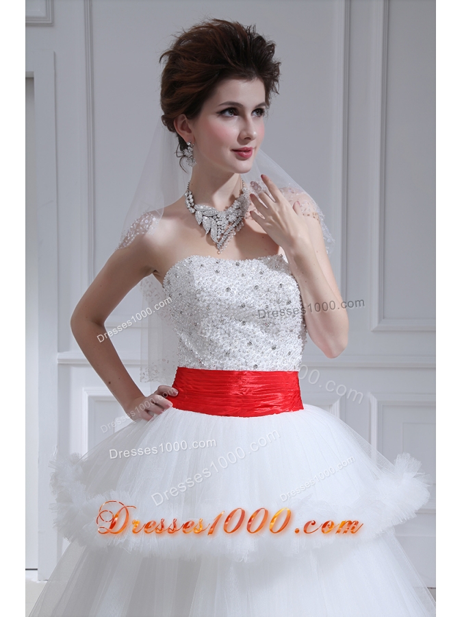2014 Spring Beautiful Ball Gown Strapless Beading Ruffled Layers Chapel Train Wedding Dress