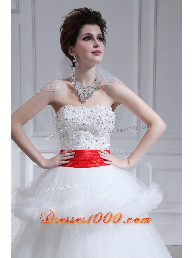 2014 Spring Beautiful Ball Gown Strapless Beading Ruffled Layers Chapel Train Wedding Dress