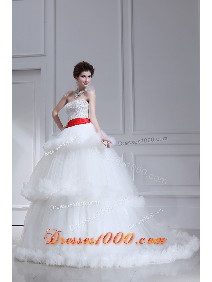 2014 Spring Beautiful Ball Gown Strapless Beading Ruffled Layers Chapel Train Wedding Dress