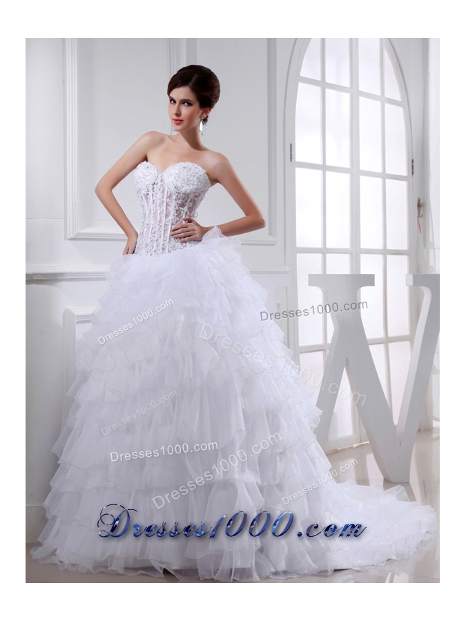 2014 Spring A-line Sweetheart Organza Appliques Ruffled Layers Wedding Dress