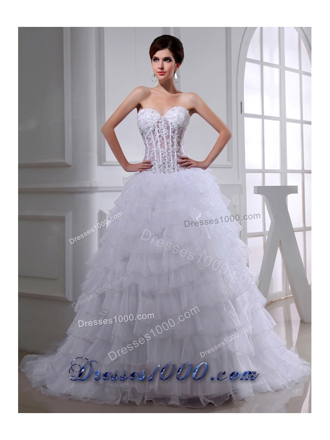 2014 Spring A-line Sweetheart Organza Appliques Ruffled Layers Wedding Dress