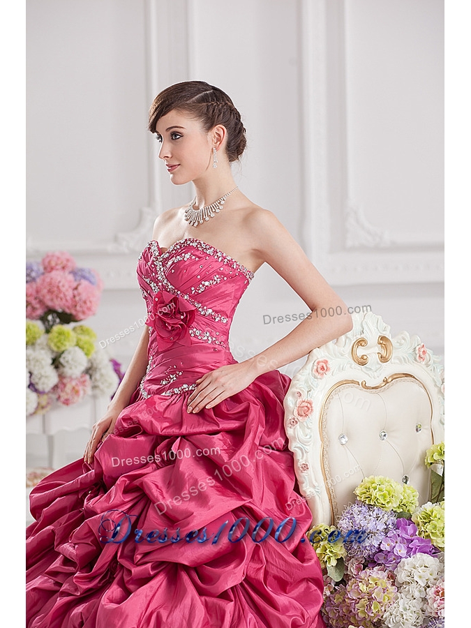 2014 Spring Ball Gown Sweetheart Hand Made Flowers Beading Pick-ups Quinceanera Dress in Red