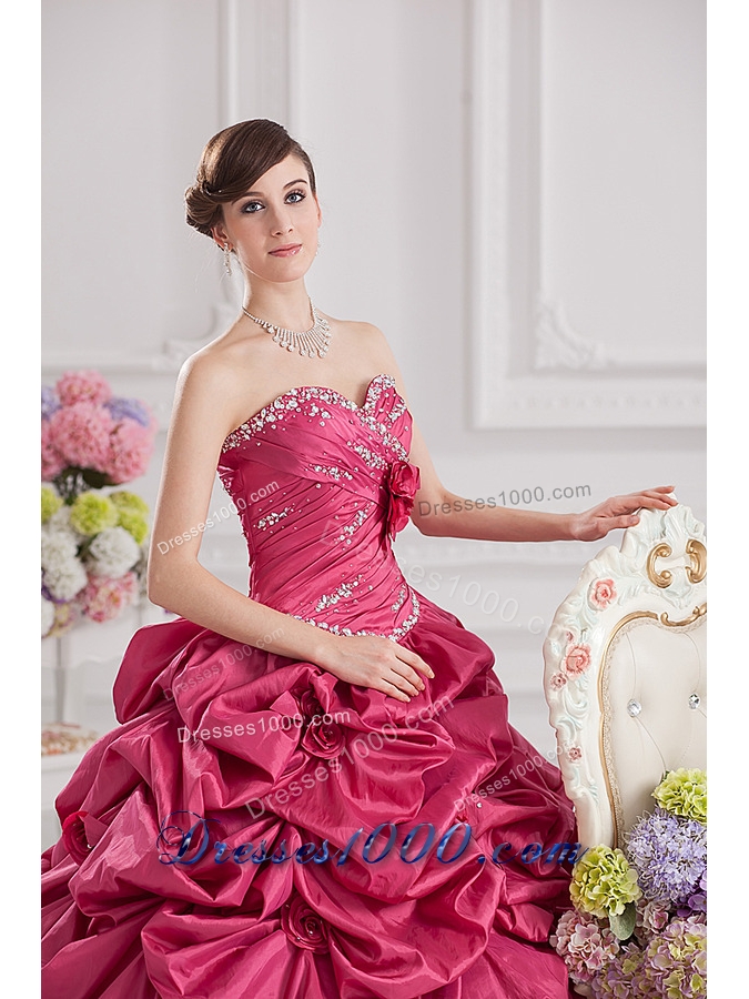 2014 Spring Ball Gown Sweetheart Hand Made Flowers Beading Pick-ups Quinceanera Dress in Red