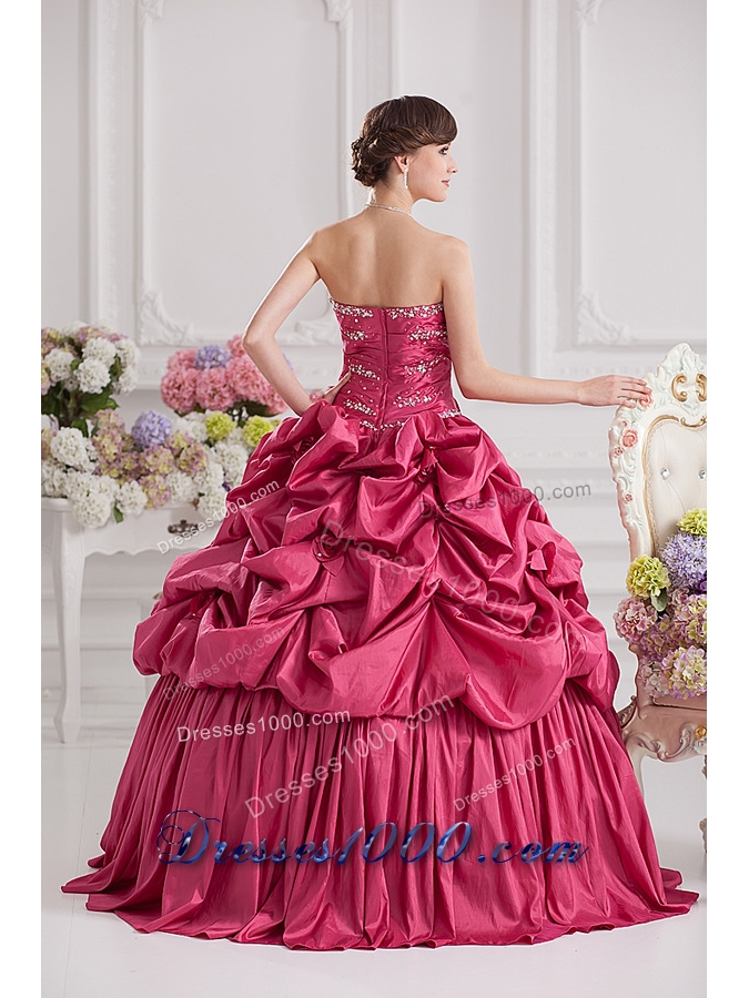 2014 Spring Ball Gown Sweetheart Hand Made Flowers Beading Pick-ups Quinceanera Dress in Red