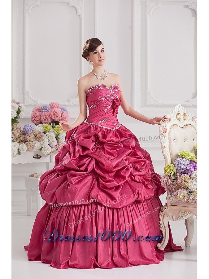 2014 Spring Ball Gown Sweetheart Hand Made Flowers Beading Pick-ups Quinceanera Dress in Red
