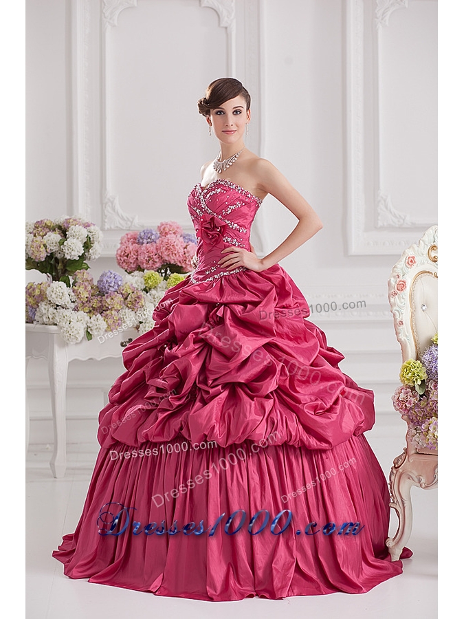 2014 Spring Ball Gown Sweetheart Hand Made Flowers Beading Pick-ups Quinceanera Dress in Red