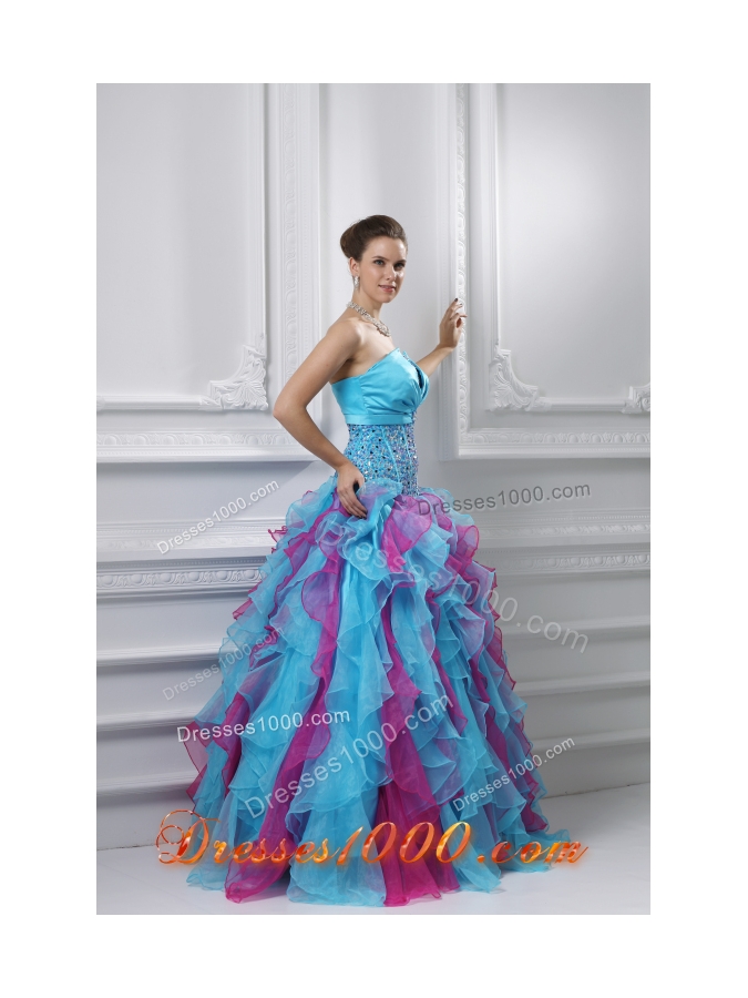 Ball Gown Strapless Organza Beading Ruffles Multi-color Quinceanera Dress