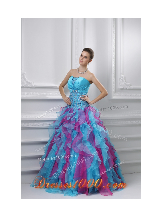 Ball Gown Strapless Organza Beading Ruffles Multi-color Quinceanera Dress