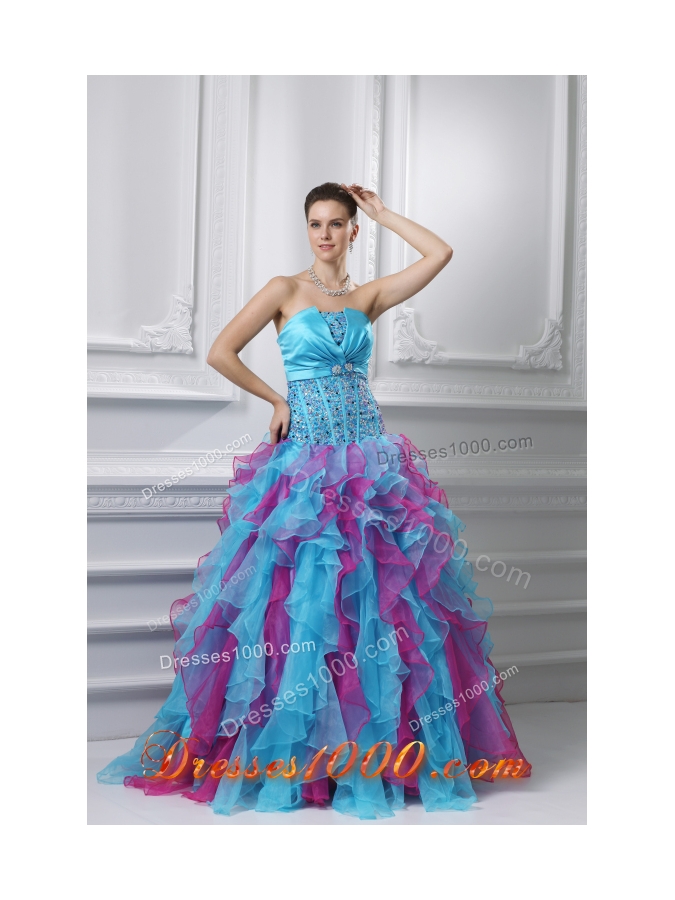 Ball Gown Strapless Organza Beading Ruffles Multi-color Quinceanera Dress