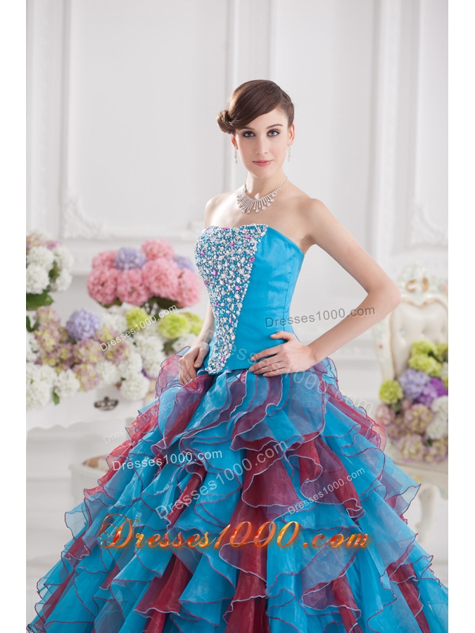 Ball Gown Strapless Organza Beading Ruffles Multi-color Quinceanera Dress