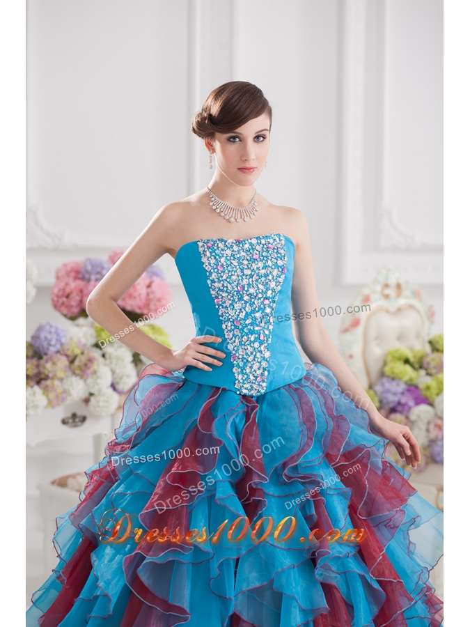 Ball Gown Strapless Organza Beading Ruffles Multi-color Quinceanera Dress