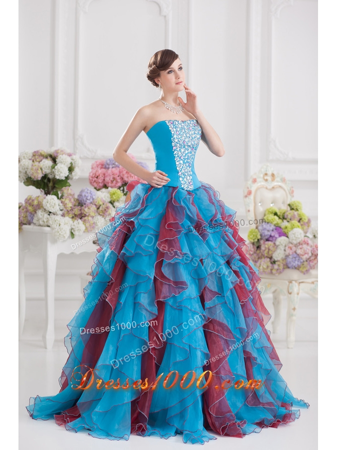 Ball Gown Strapless Organza Beading Ruffles Multi-color Quinceanera Dress