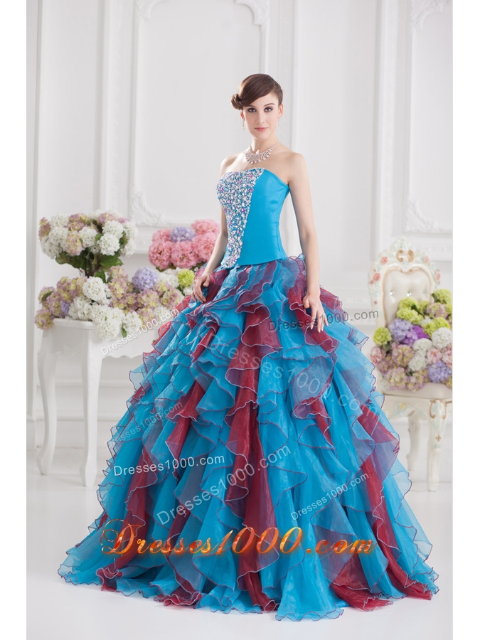 Ball Gown Strapless Organza Beading Ruffles Multi-color Quinceanera Dress