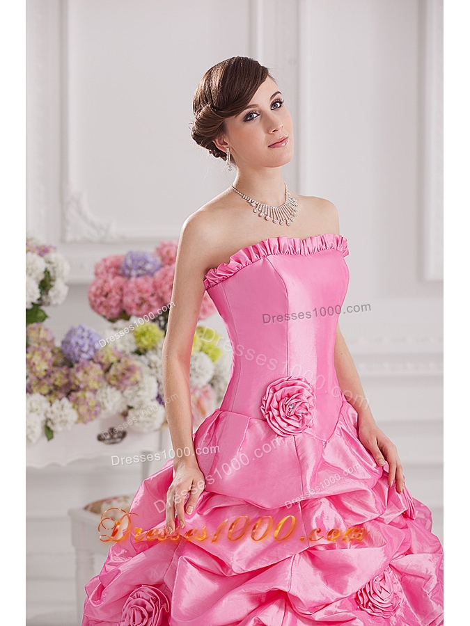 Ball Gown Strapless Pick-ups Rose Pink Quinceanera Dress with Hand Made Flowers