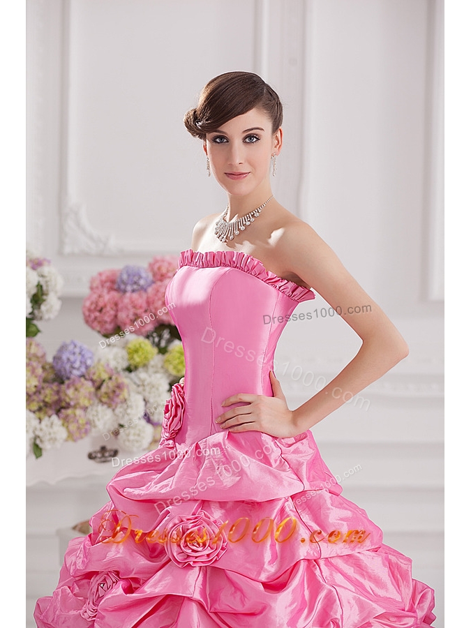 Ball Gown Strapless Pick-ups Rose Pink Quinceanera Dress with Hand Made Flowers