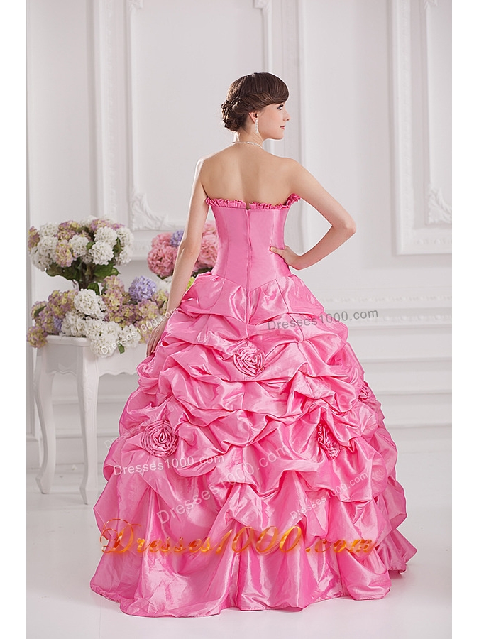 Ball Gown Strapless Pick-ups Rose Pink Quinceanera Dress with Hand Made Flowers