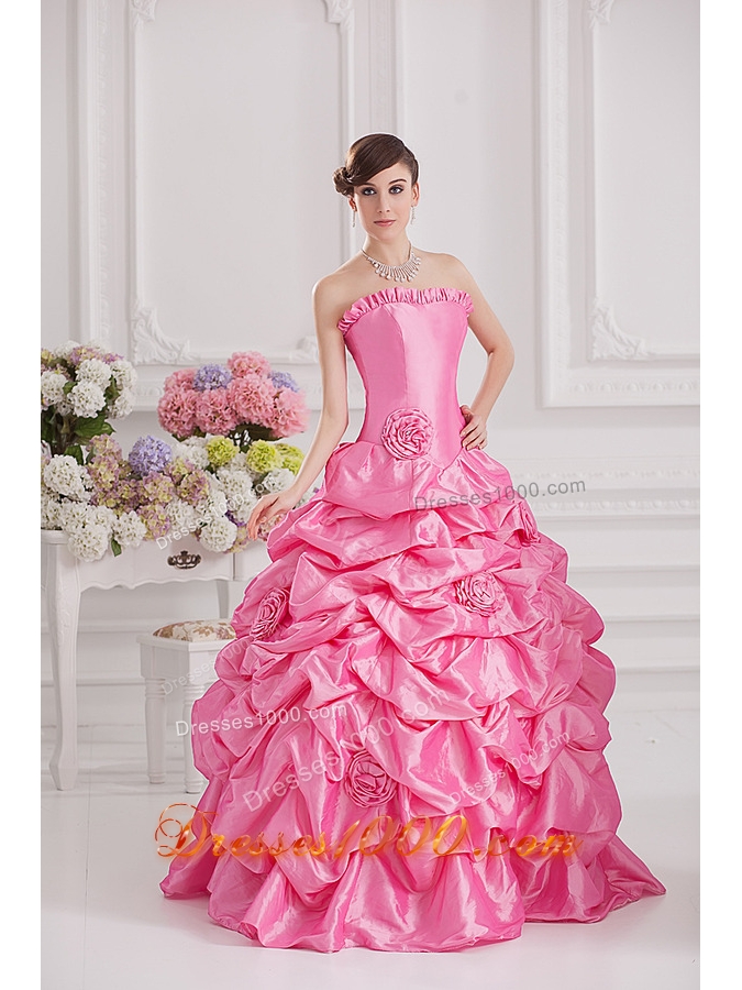 Ball Gown Strapless Pick-ups Rose Pink Quinceanera Dress with Hand Made Flowers