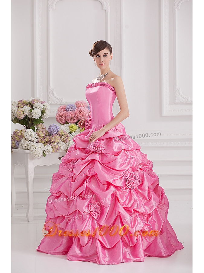Ball Gown Strapless Pick-ups Rose Pink Quinceanera Dress with Hand Made Flowers