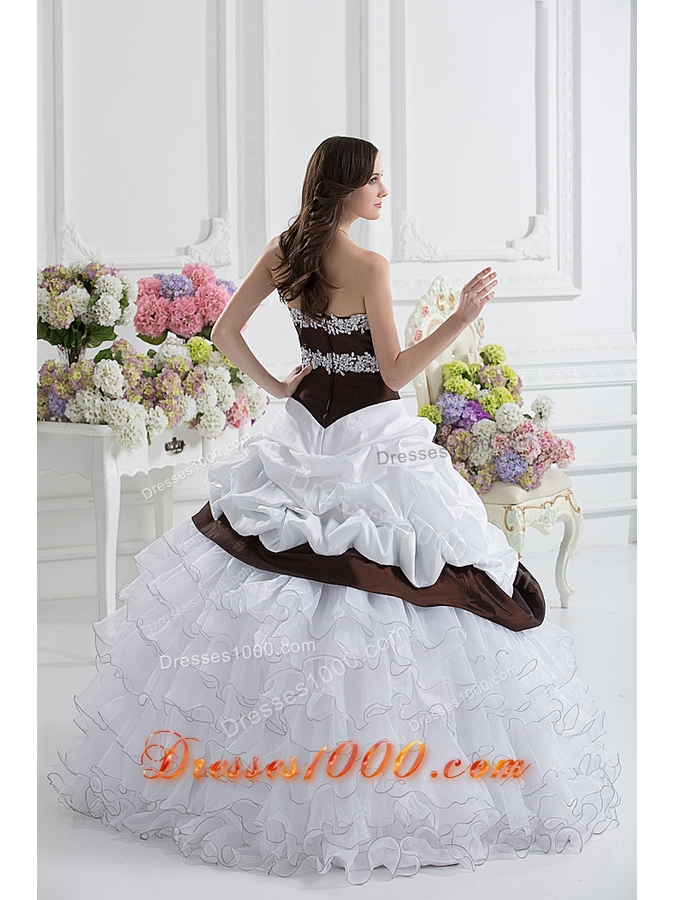 Ball Gown Sweetheart Beading Ruffled Layers Brown and White Quinceanera Dress
