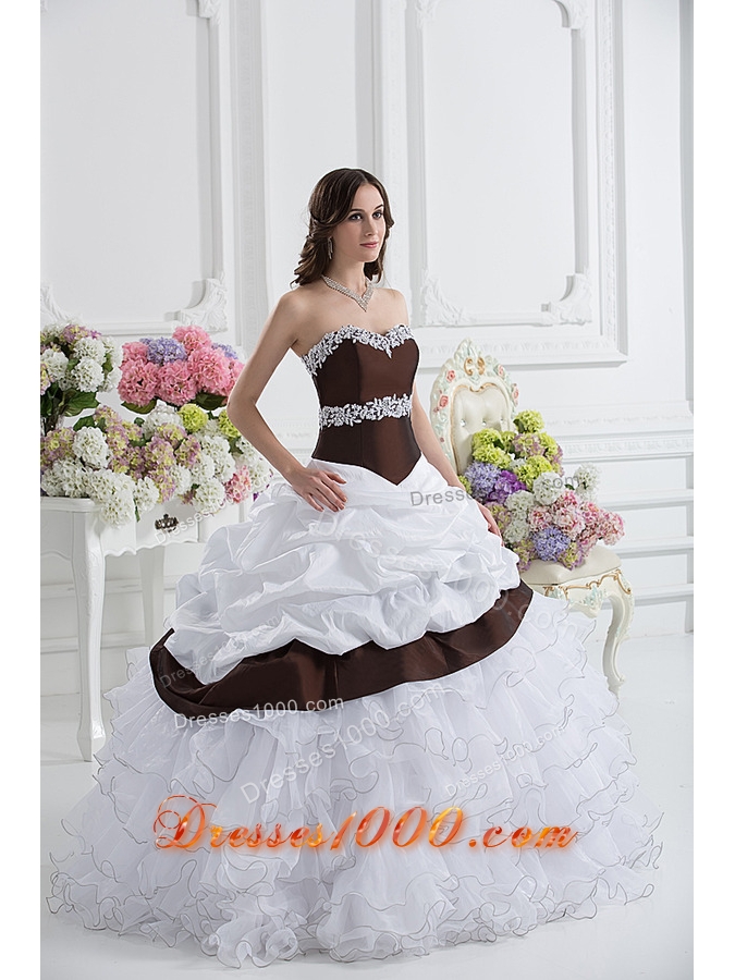 Ball Gown Sweetheart Beading Ruffled Layers Brown and White Quinceanera Dress
