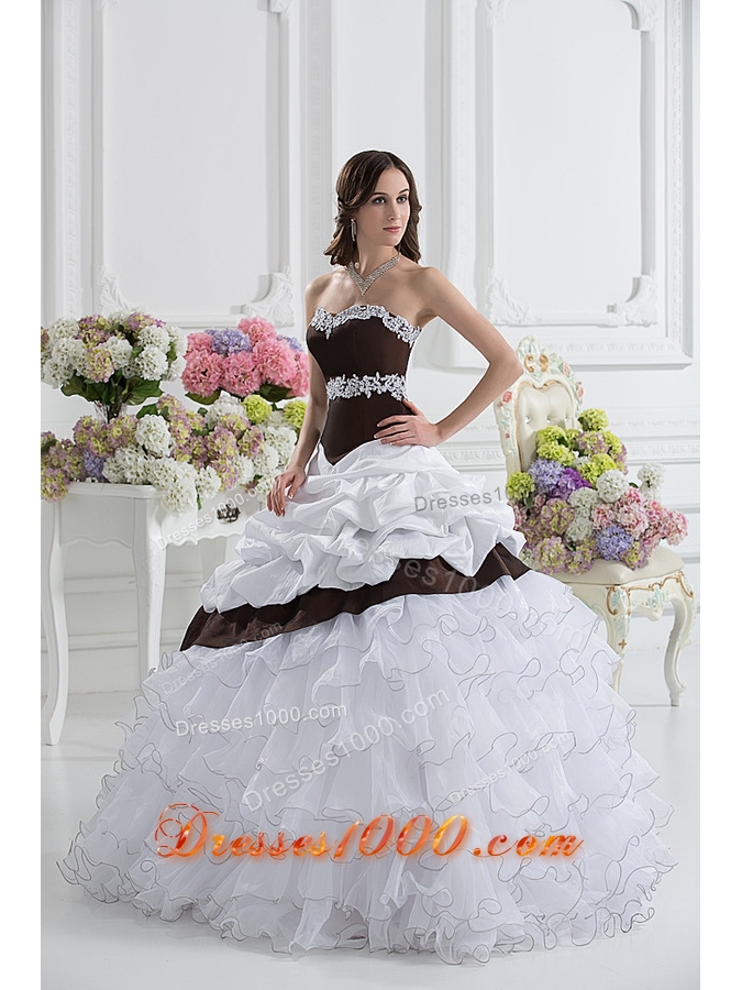 Ball Gown Sweetheart Beading Ruffled Layers Brown and White Quinceanera Dress