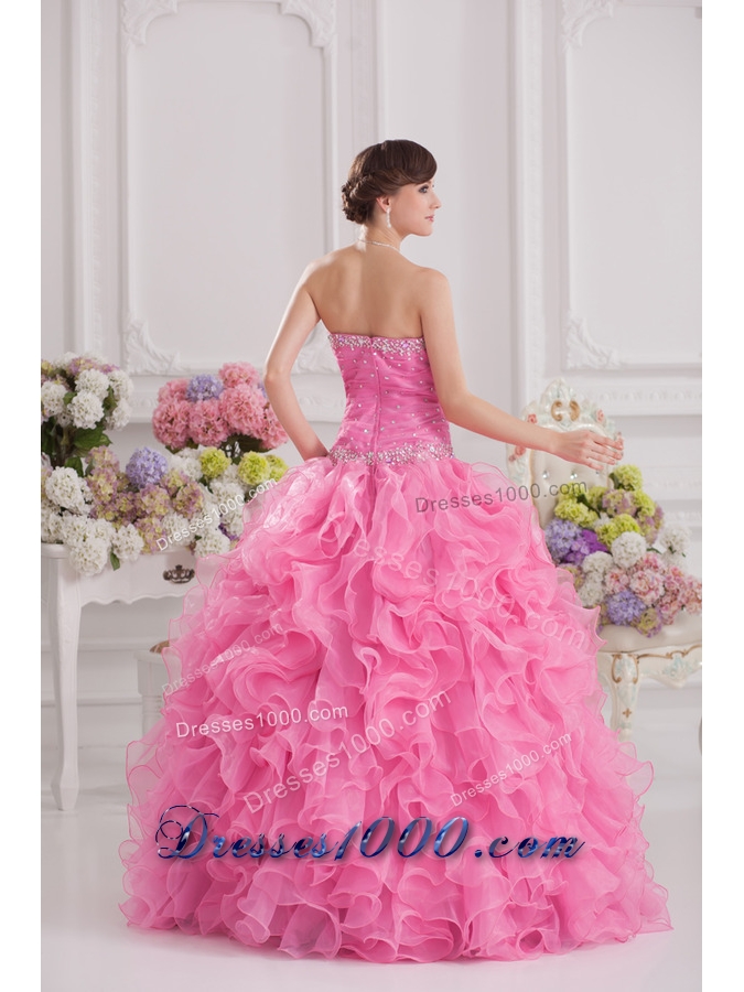 Ball Gown Sweetheart Organza Beading Ruffles Rose Pink Quinceanera Dress