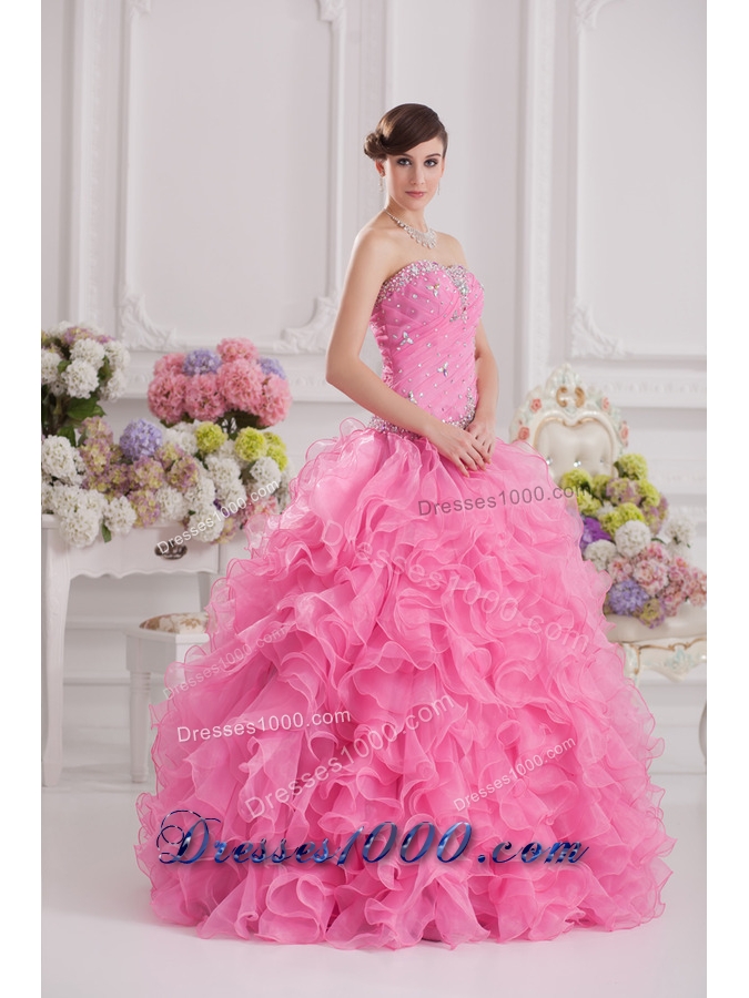 Ball Gown Sweetheart Organza Beading Ruffles Rose Pink Quinceanera Dress