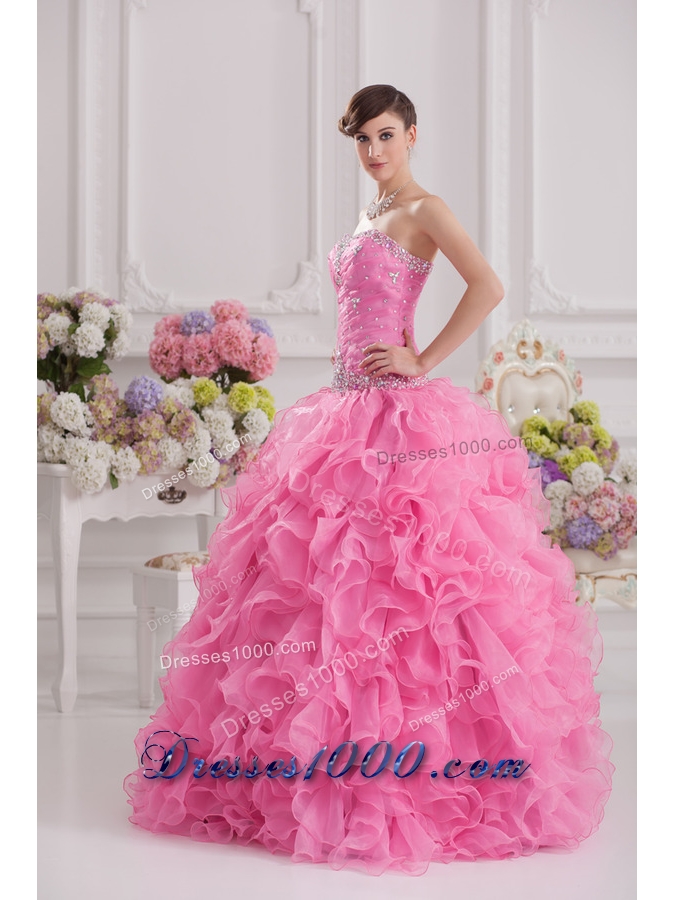 Ball Gown Sweetheart Organza Beading Ruffles Rose Pink Quinceanera Dress