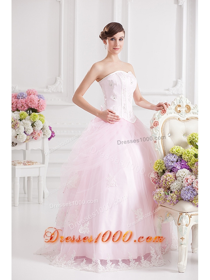 Ball Gown Sweetheart Tulle Baby Pink 2014 Quinceanera Dress with Appliques Beading